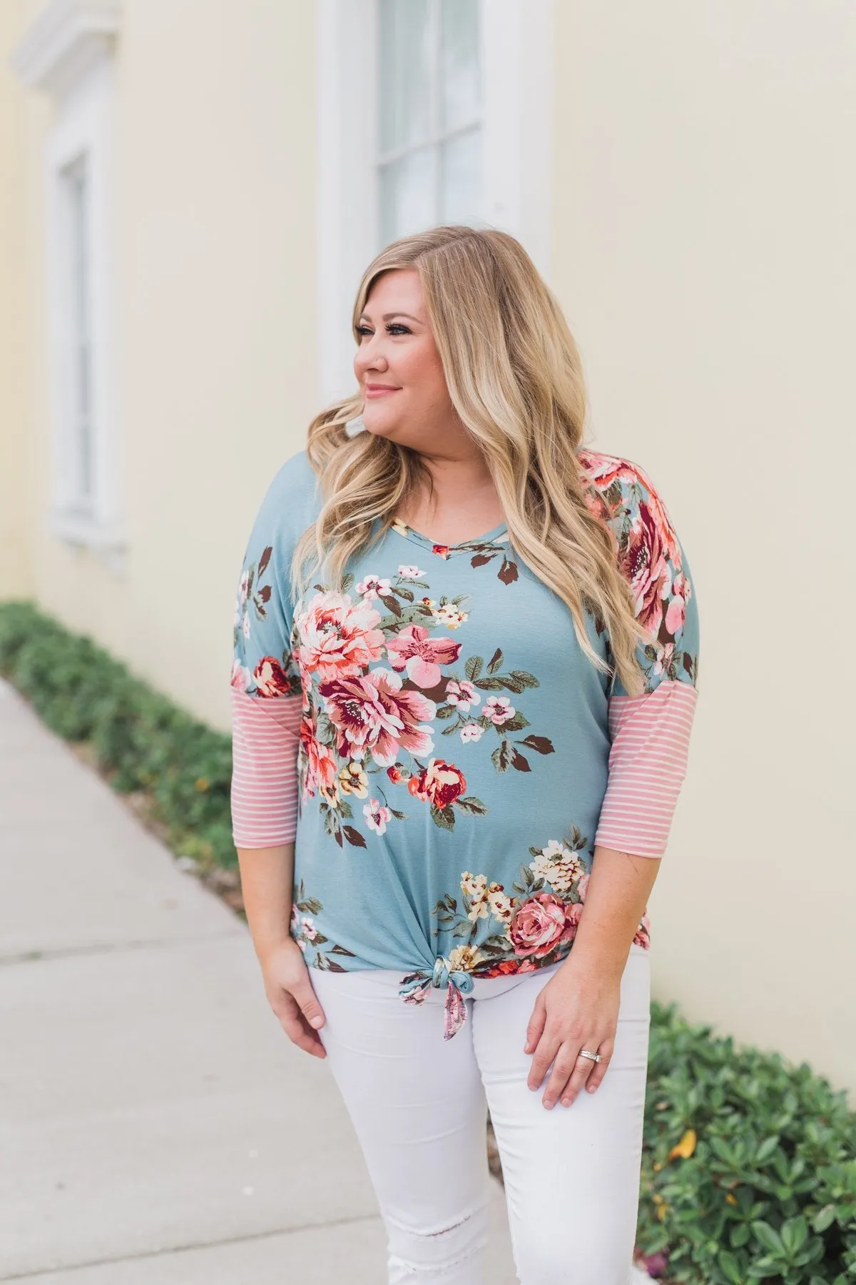 3/4 Sleeve Floral & Striped Tie Top- Antique Blue