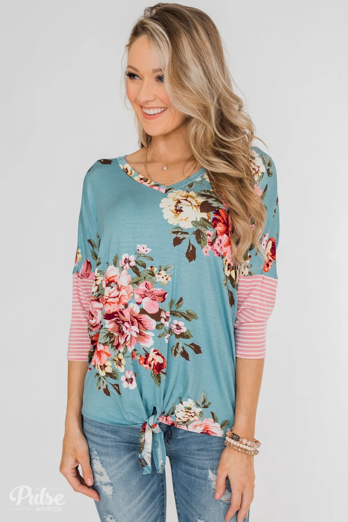 3/4 Sleeve Floral & Striped Tie Top- Antique Blue