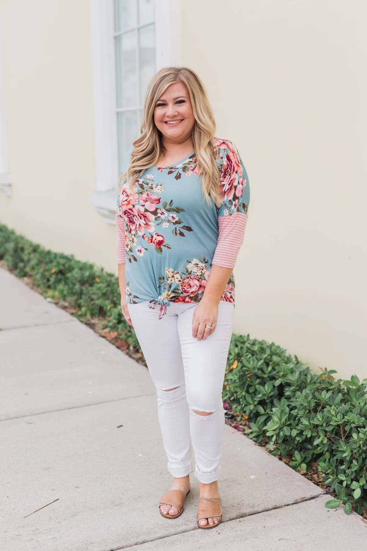 3/4 Sleeve Floral & Striped Tie Top- Antique Blue