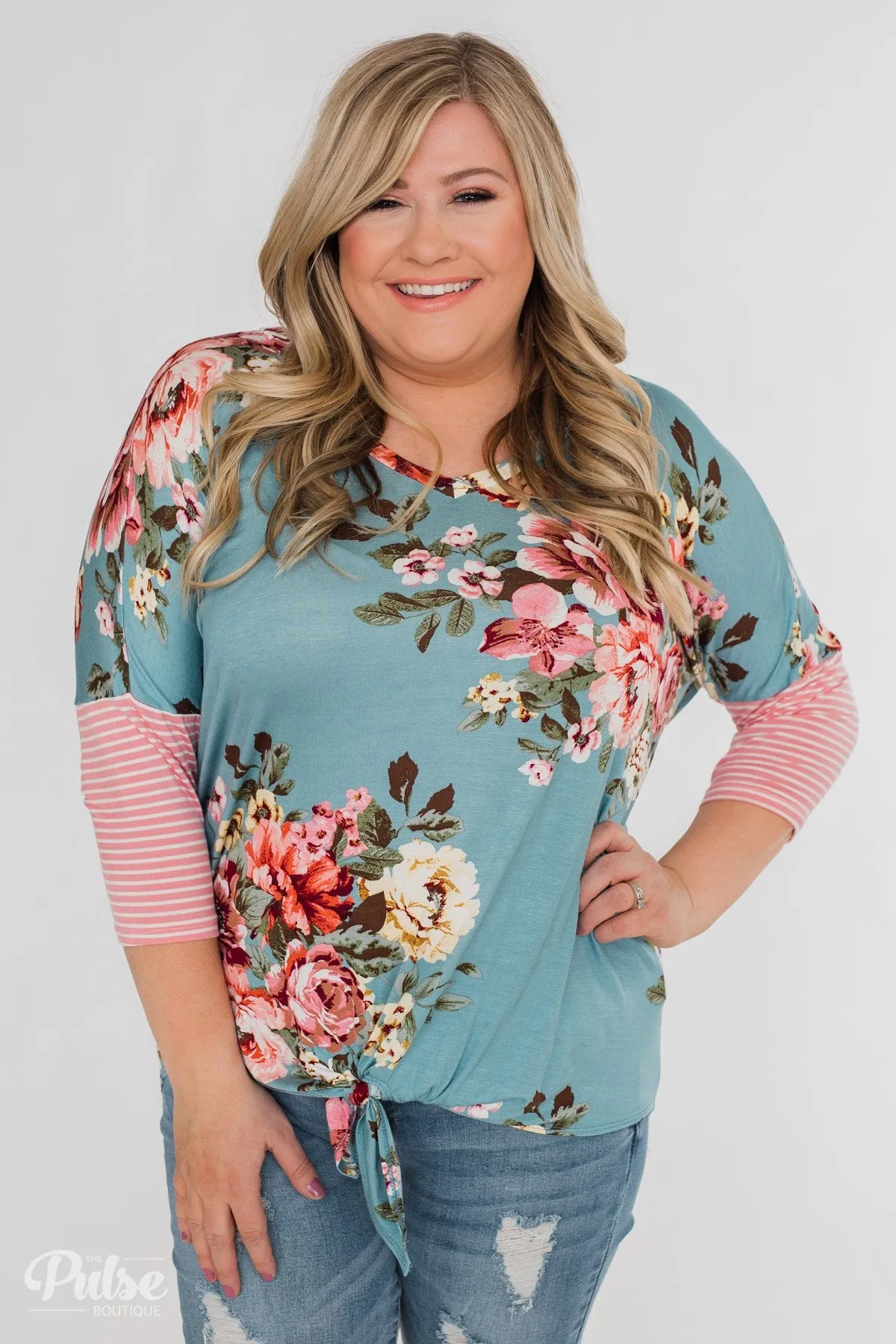 3/4 Sleeve Floral & Striped Tie Top- Antique Blue