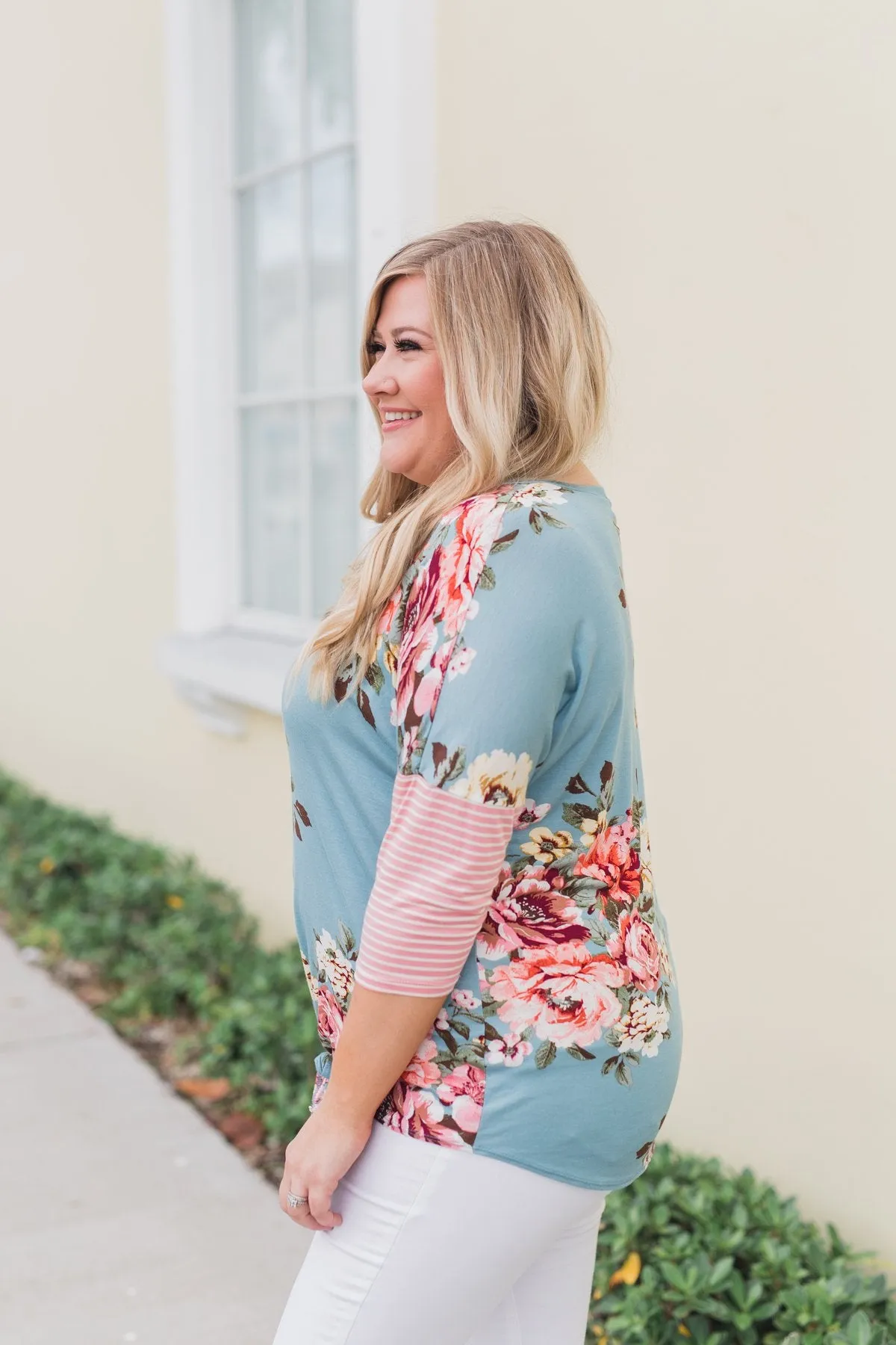 3/4 Sleeve Floral & Striped Tie Top- Antique Blue