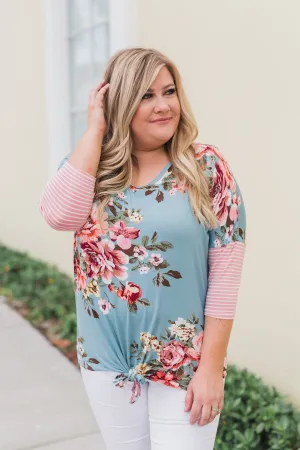 3/4 Sleeve Floral & Striped Tie Top- Antique Blue