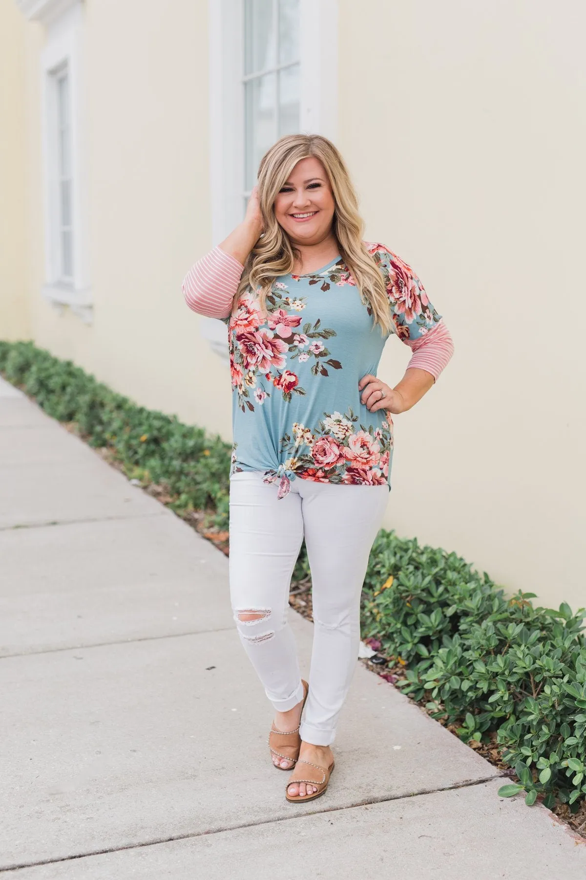 3/4 Sleeve Floral & Striped Tie Top- Antique Blue