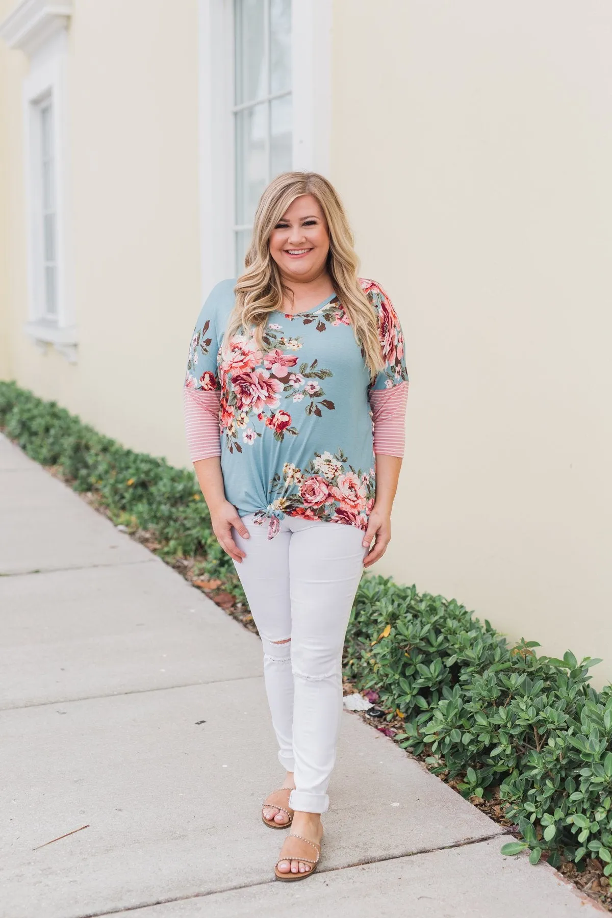 3/4 Sleeve Floral & Striped Tie Top- Antique Blue