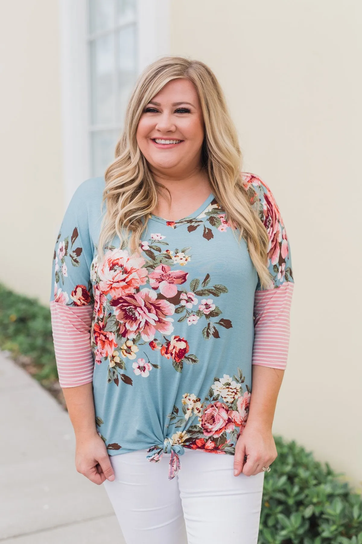 3/4 Sleeve Floral & Striped Tie Top- Antique Blue