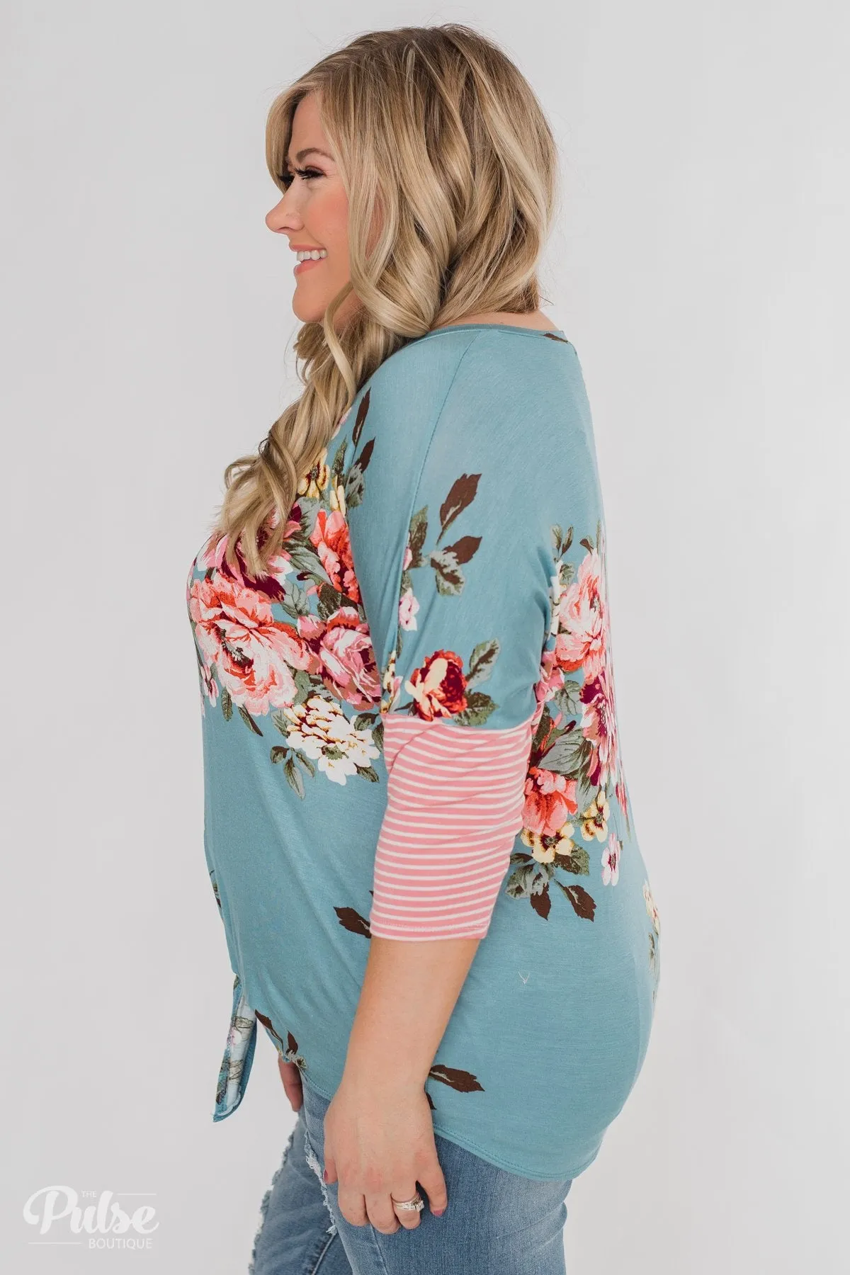 3/4 Sleeve Floral & Striped Tie Top- Antique Blue