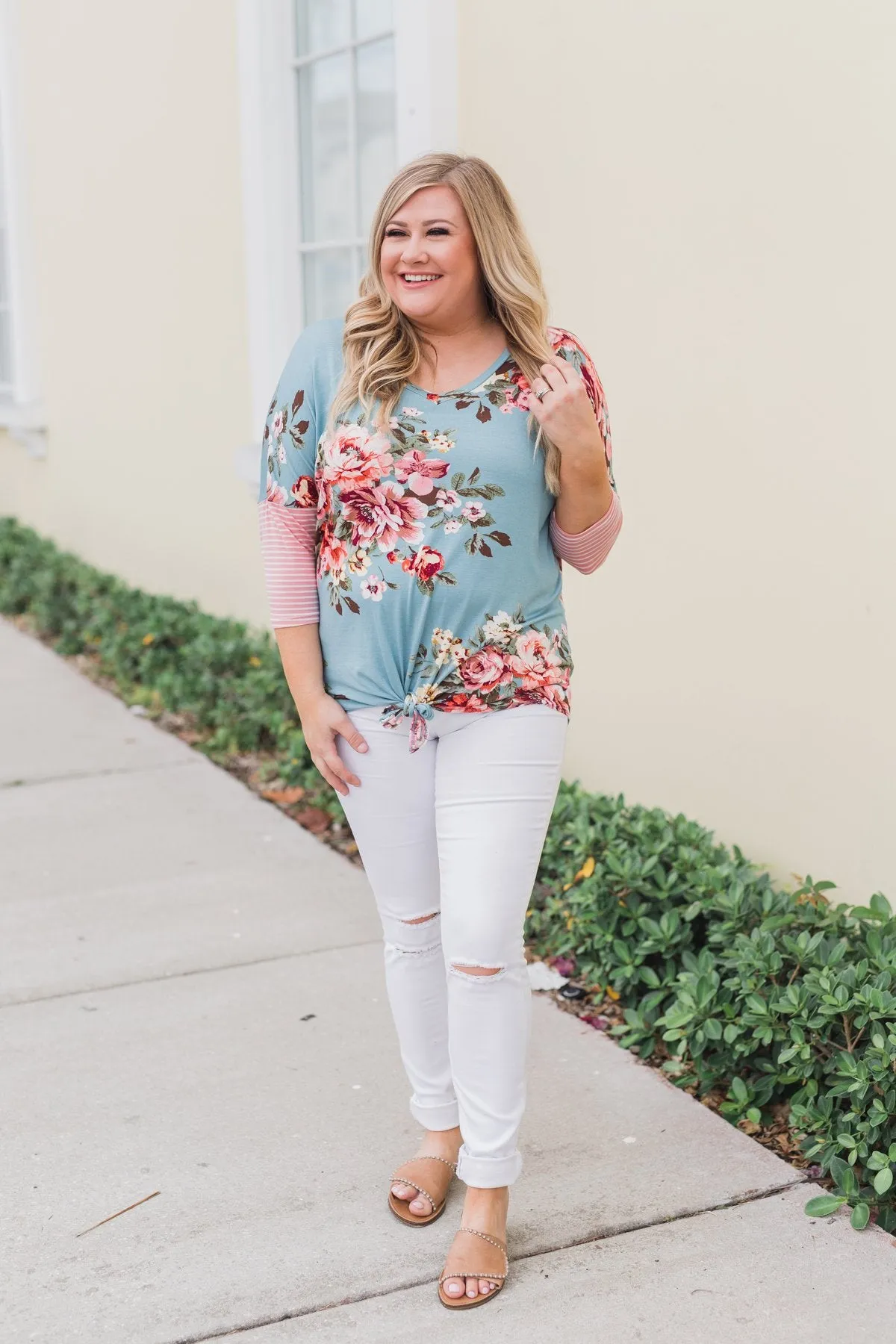 3/4 Sleeve Floral & Striped Tie Top- Antique Blue