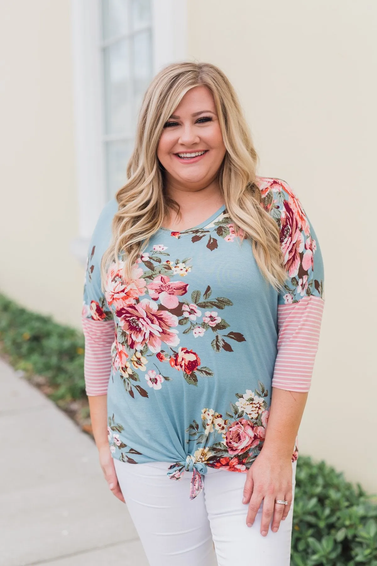 3/4 Sleeve Floral & Striped Tie Top- Antique Blue