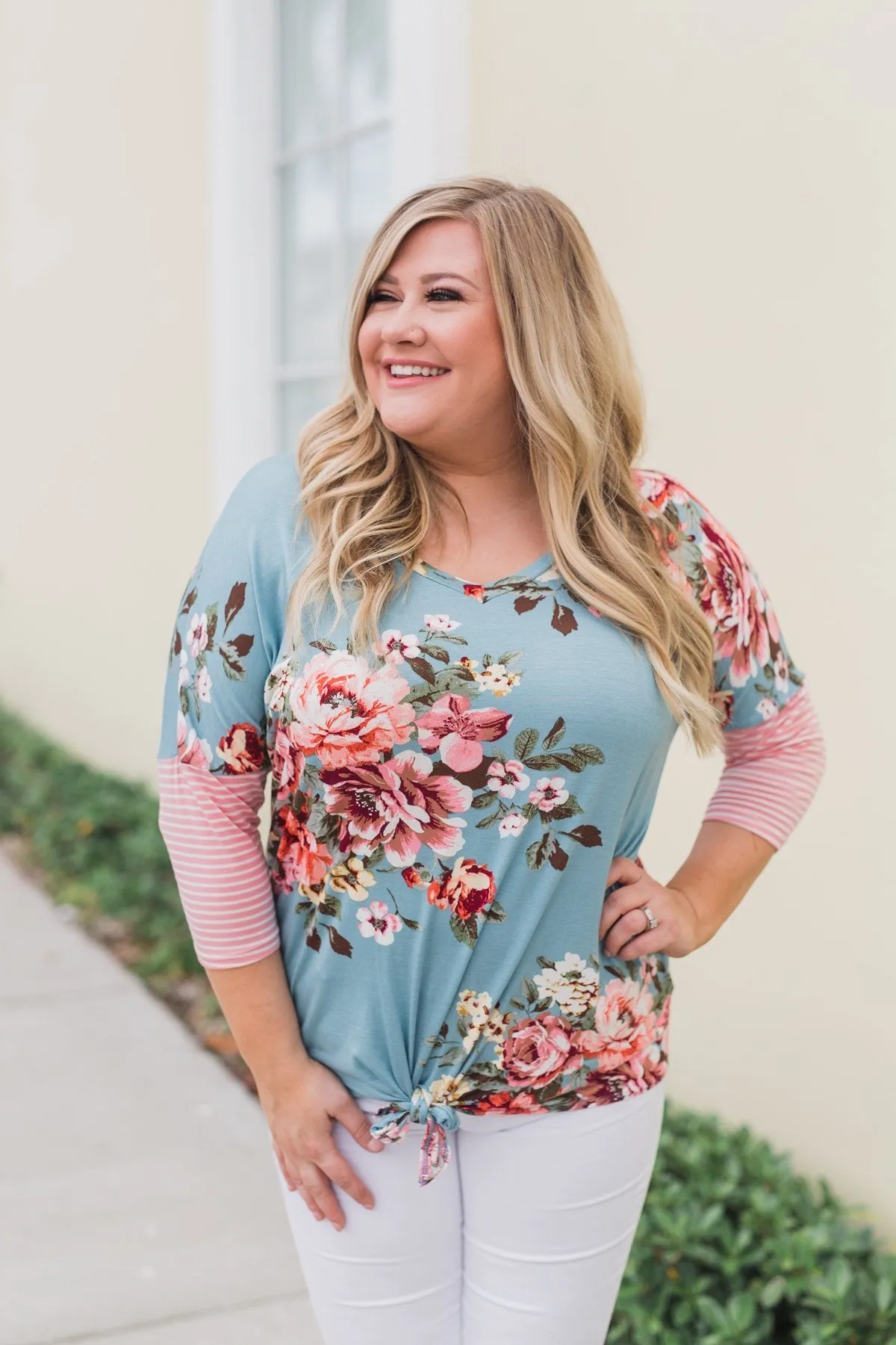 3/4 Sleeve Floral & Striped Tie Top- Antique Blue