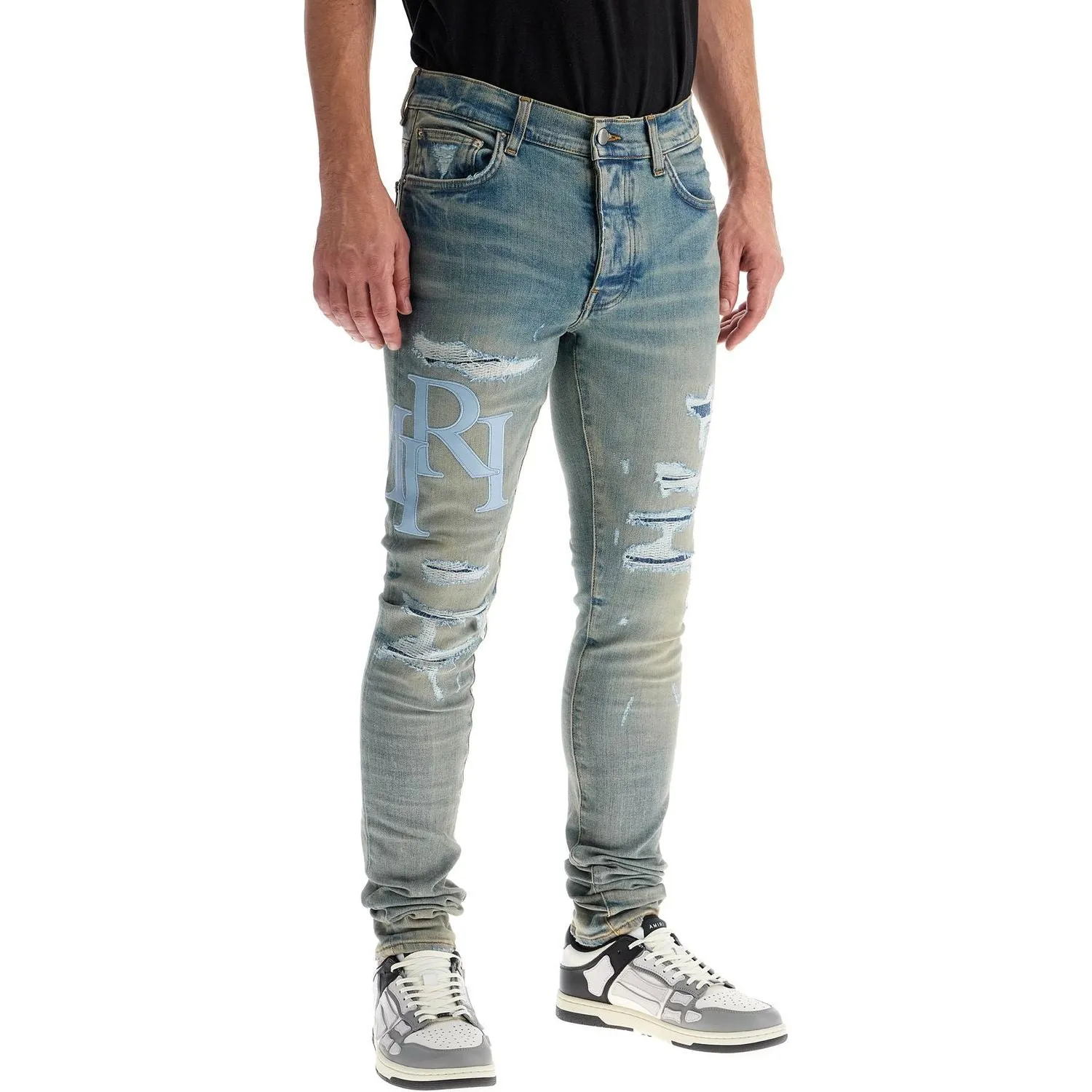 Amiri leather logo jeans with eight words