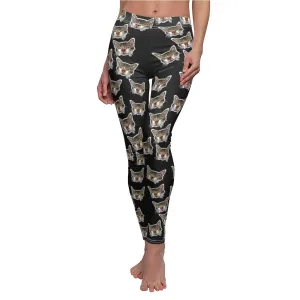 Black Peanut Casual Leggings, Meow Cat Cute Calico Print Women's Yoga Tights - Made in USA