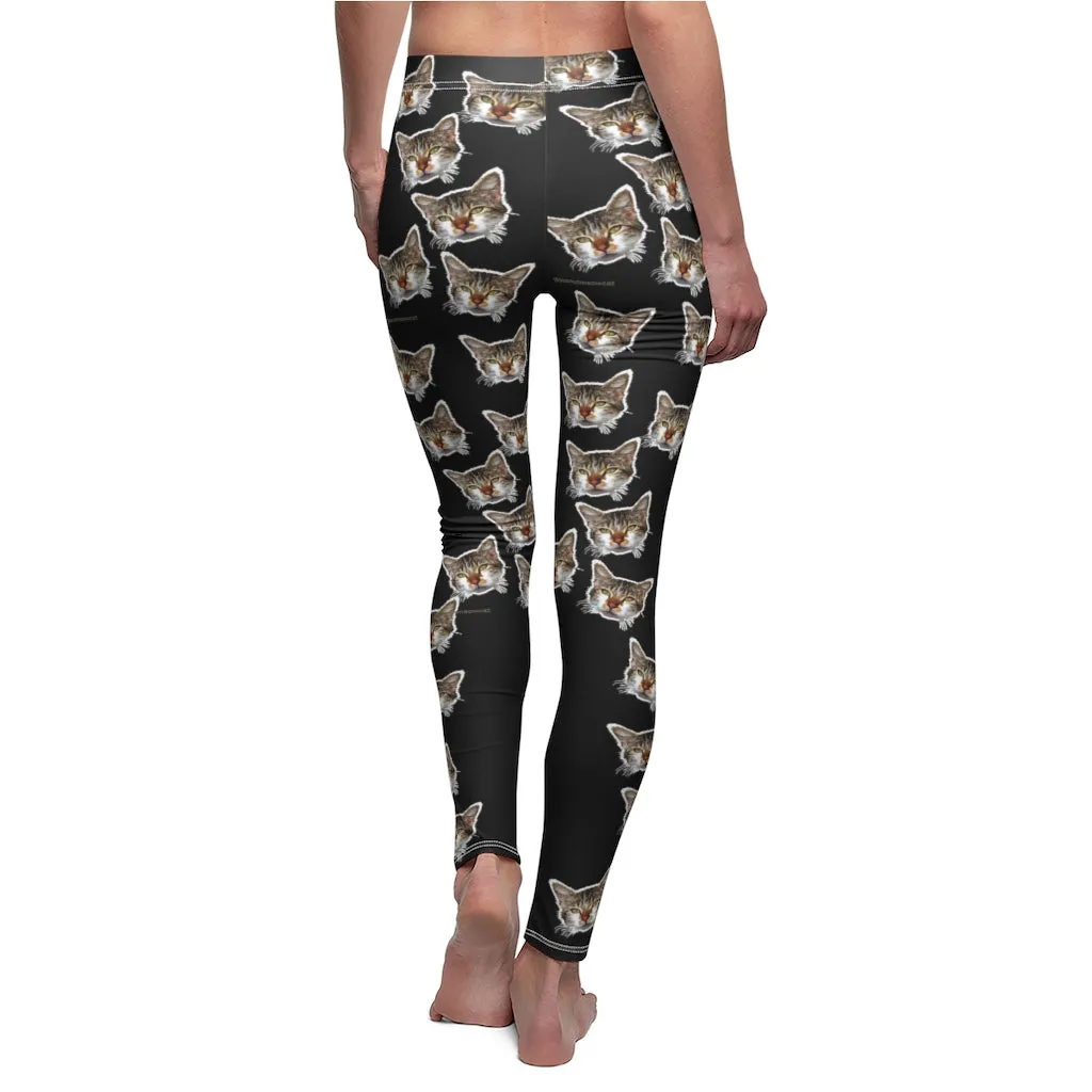 Black Peanut Casual Leggings, Meow Cat Cute Calico Print Women's Yoga Tights - Made in USA