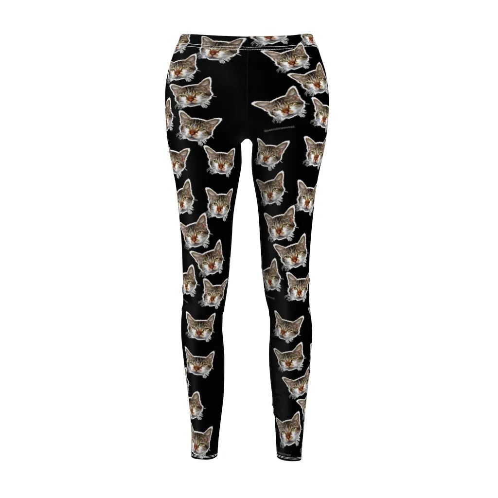 Black Peanut Casual Leggings, Meow Cat Cute Calico Print Women's Yoga Tights - Made in USA