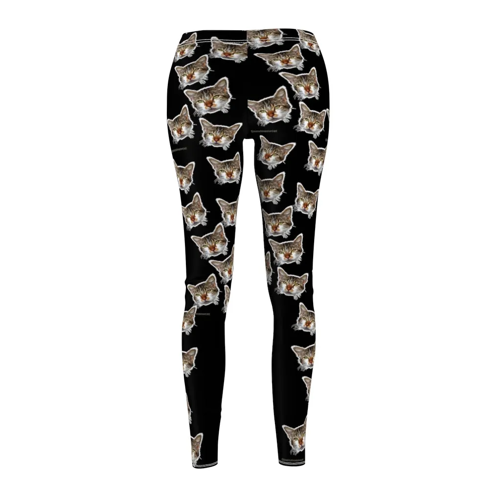 Black Peanut Casual Leggings, Meow Cat Cute Calico Print Women's Yoga Tights - Made in USA