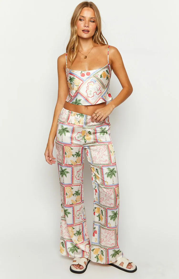 Bridget White Satin Roma Print Pants