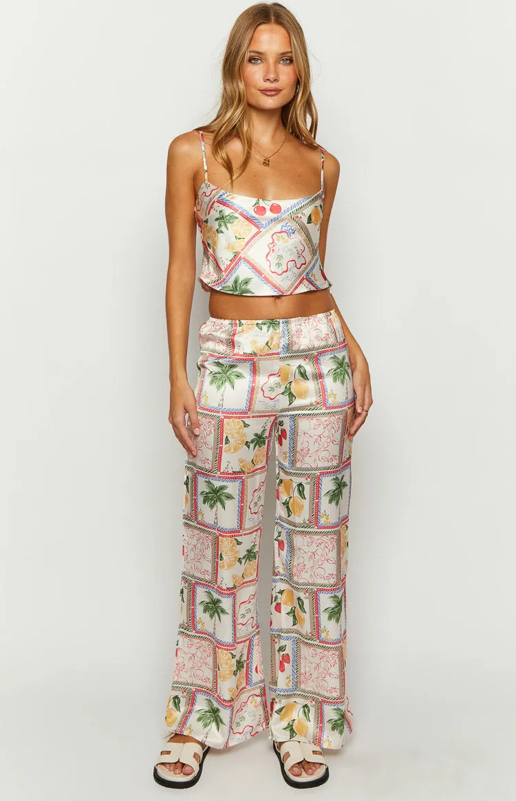 Bridget White Satin Roma Print Pants