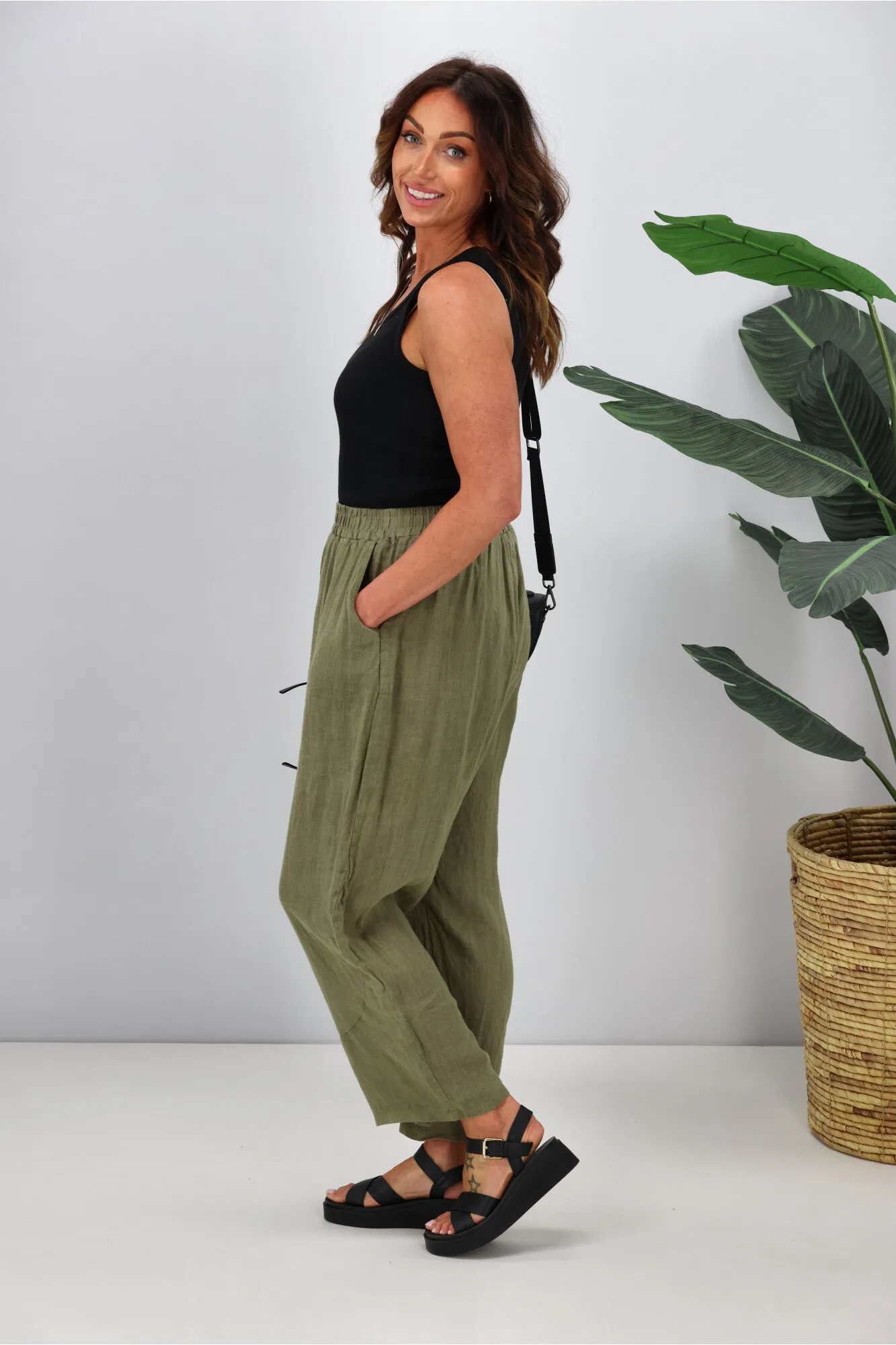 Cali & Co Linen Pant with Side Pocket Khaki