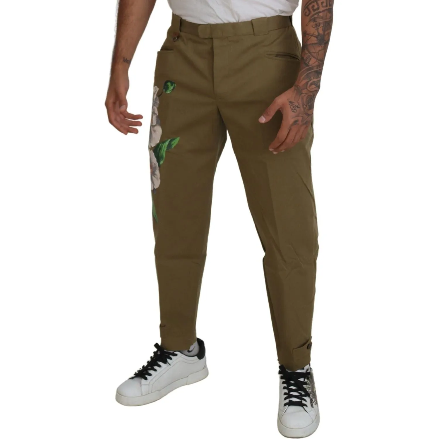 Dolce & Gabbana Exquisite Floral Beige Chino Pants