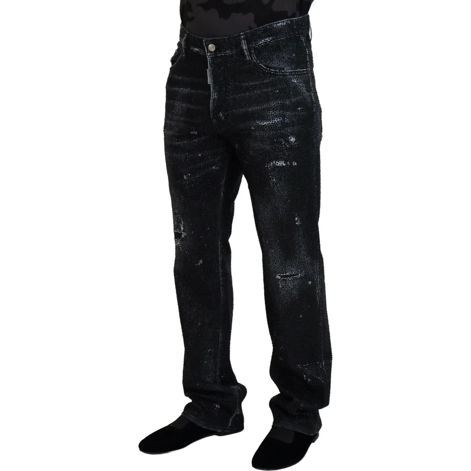 Dsquared² Black Crystal Embellished Tattered Denim Jeans