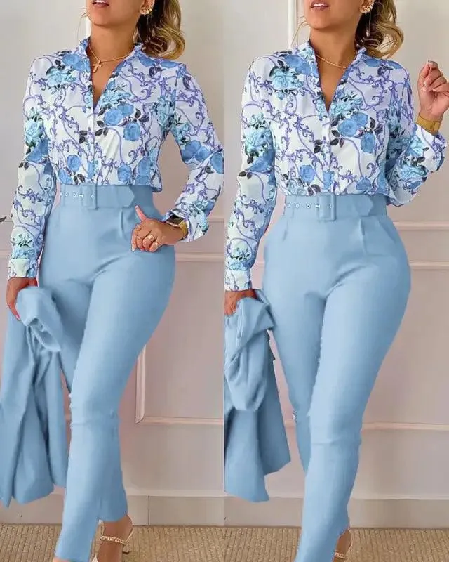 Elegant V-neck Floral Pants Set