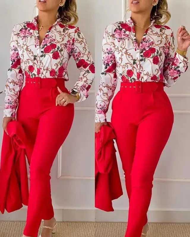 Elegant V-neck Floral Pants Set