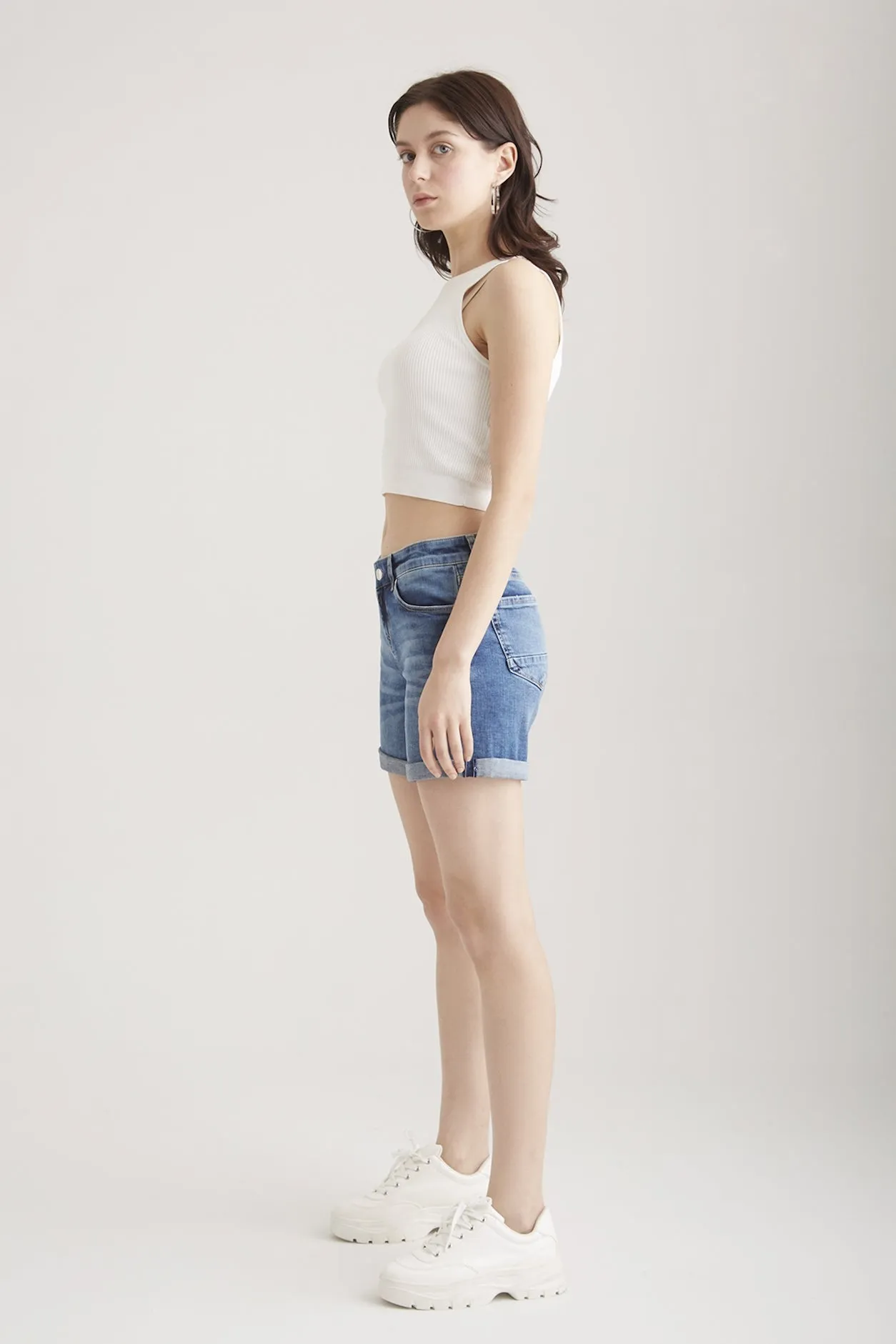 Emma Mid Waist 5 Pocket Denim Shorts Deep Blue