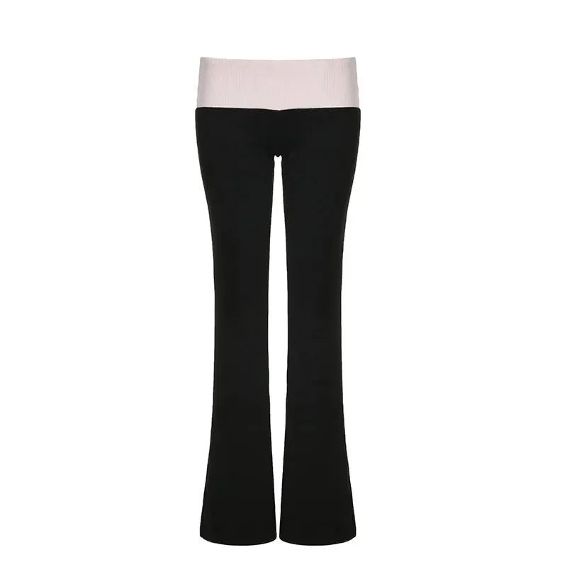 Girlary Contrast Color Fold Over Flare Long Pants Women's Low Rise Stitching Slim Trousers Hottie Balletcore Autumn Streetwear