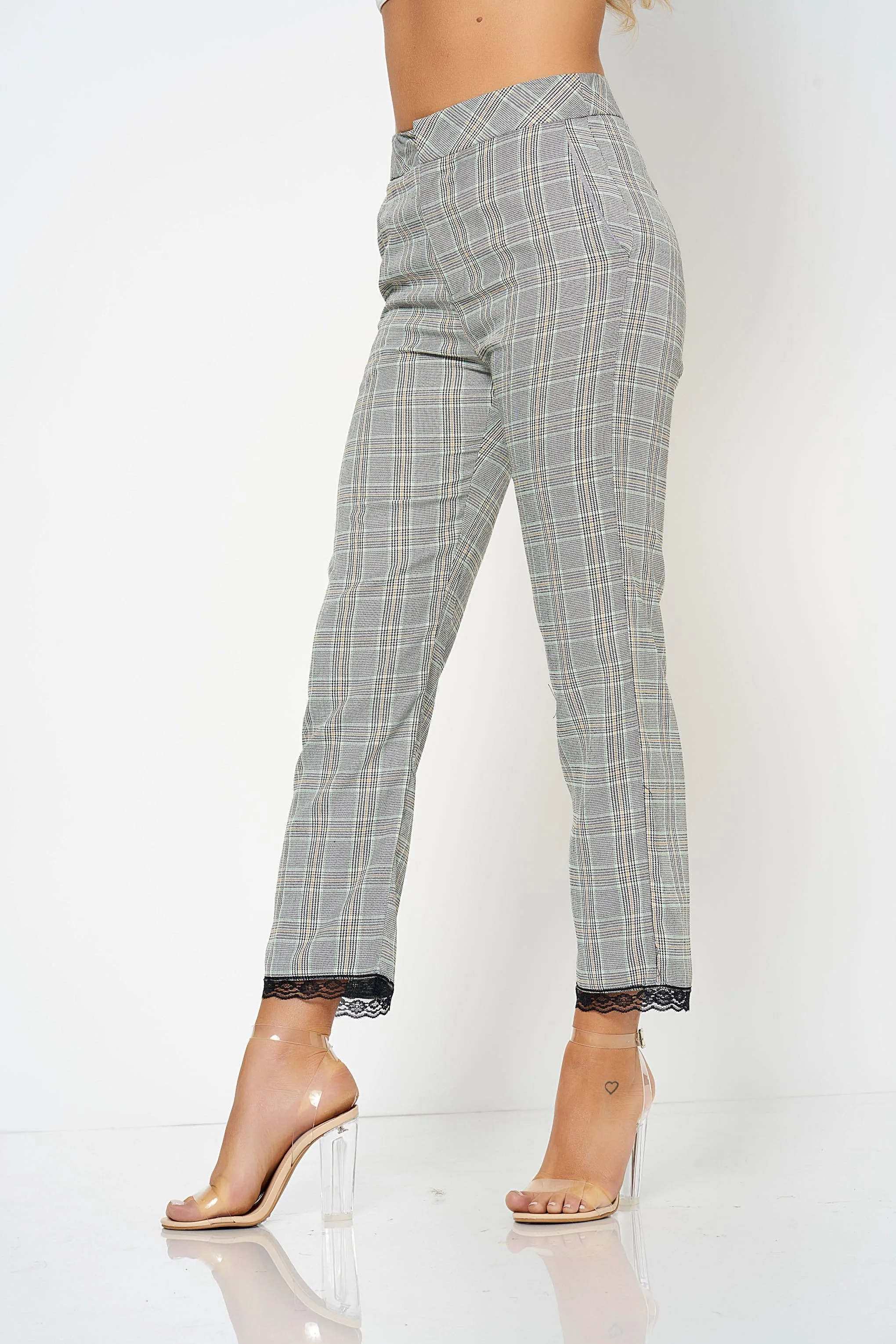 Grey Checked Lace Detail Tailored Co-Ord Trousers