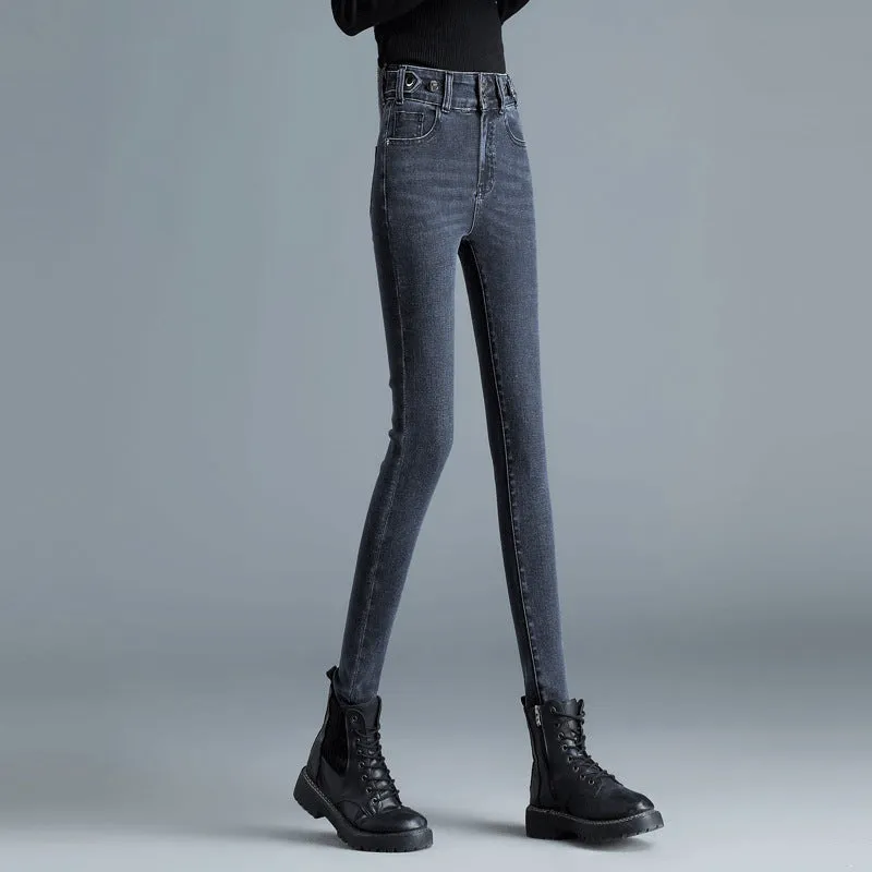 High Waist Stretch Jeans Tight And Warm Skinny Pants Women