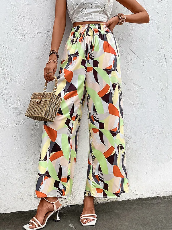 High Waisted Wide Leg Elasticity Printed Split-Joint Tied Pants Trousers