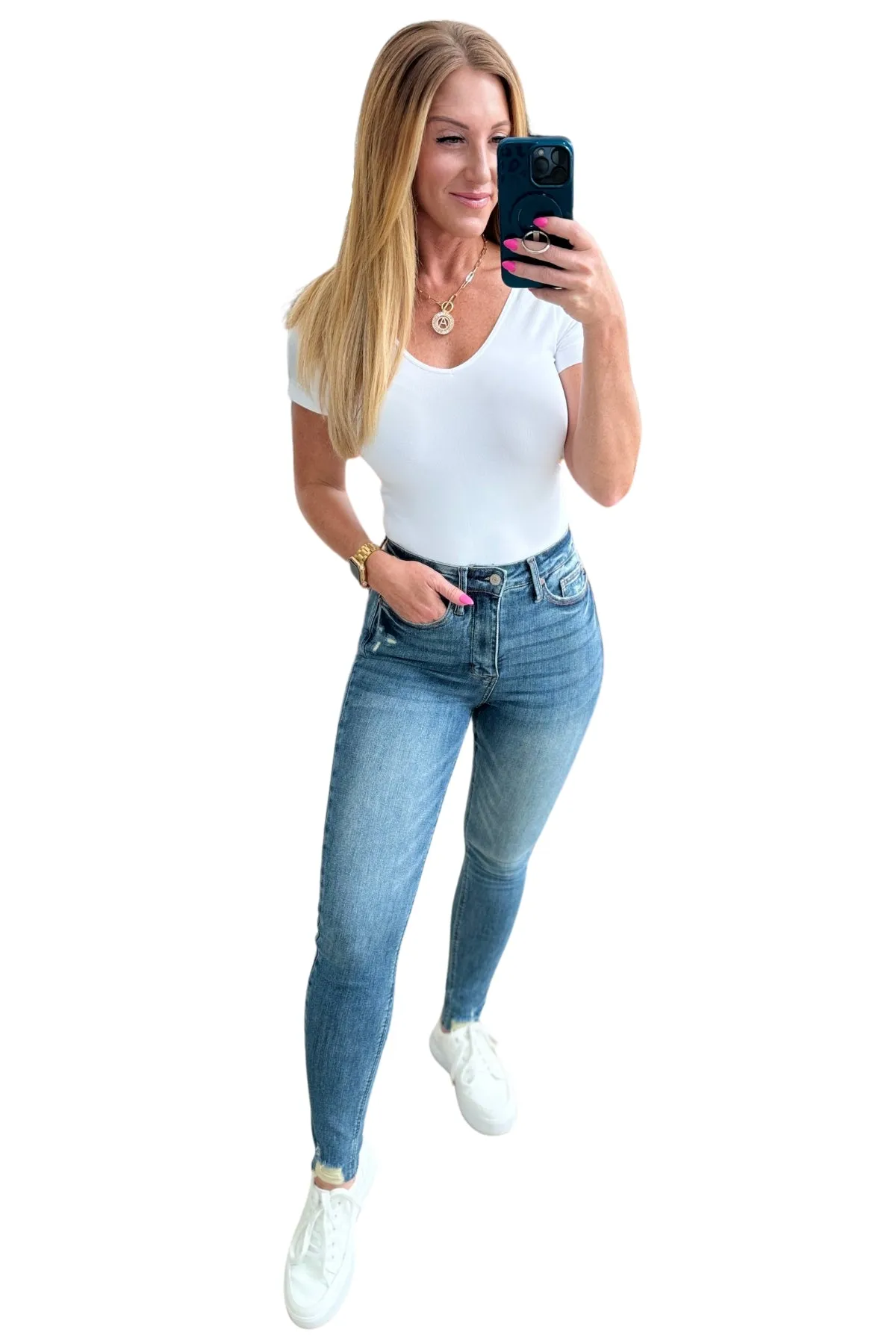 Judy Blue Alba High Rise Control Top Distressed Hem Skinny Jeans in Medium Wash