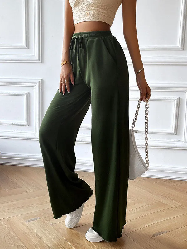 Loose Straight Leg Drawstring Elasticity Solid Color Pants Trousers