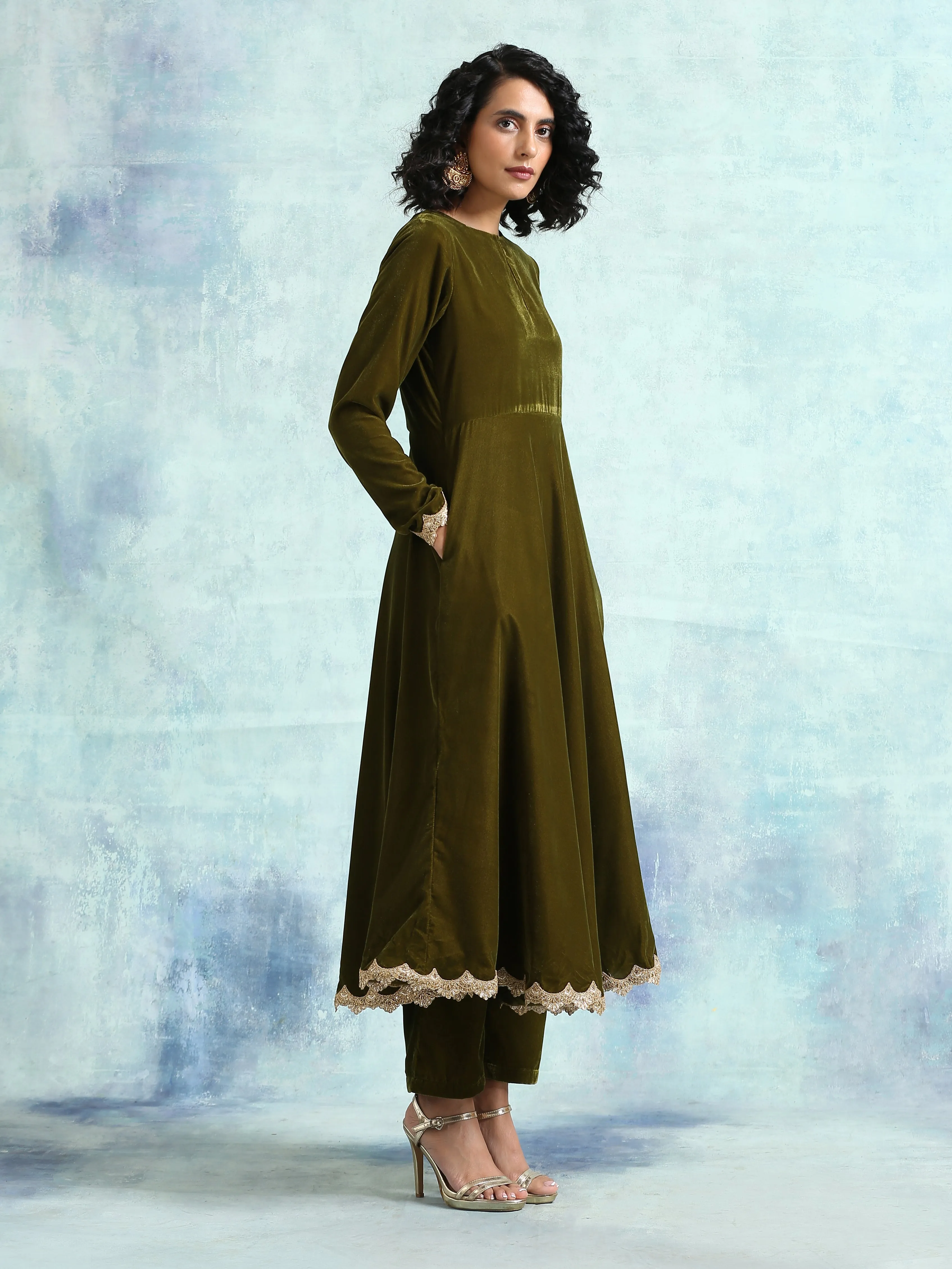 Mehandi Velvet Anarkali Kurta