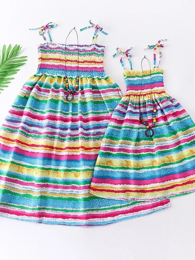 Mommy and Me Dresses Cotton Striped Casual Light Blue Lemon Butterfly Sleeveless Knee-length Strap Dress Adorable Matching Outfits