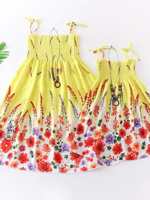 Mommy and Me Dresses Cotton Striped Casual Light Blue Lemon Butterfly Sleeveless Knee-length Strap Dress Adorable Matching Outfits