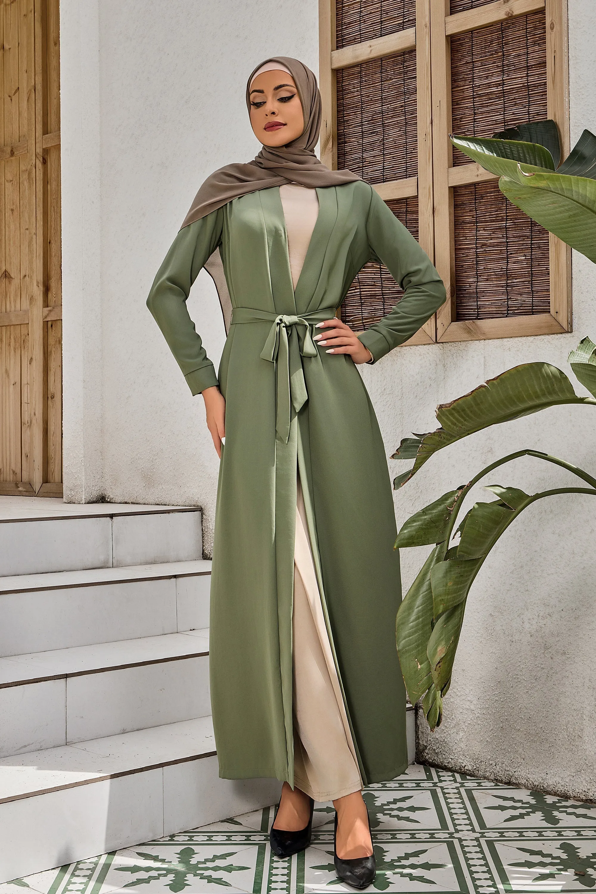 Olive Belted Open Abaya-CLEARANCE