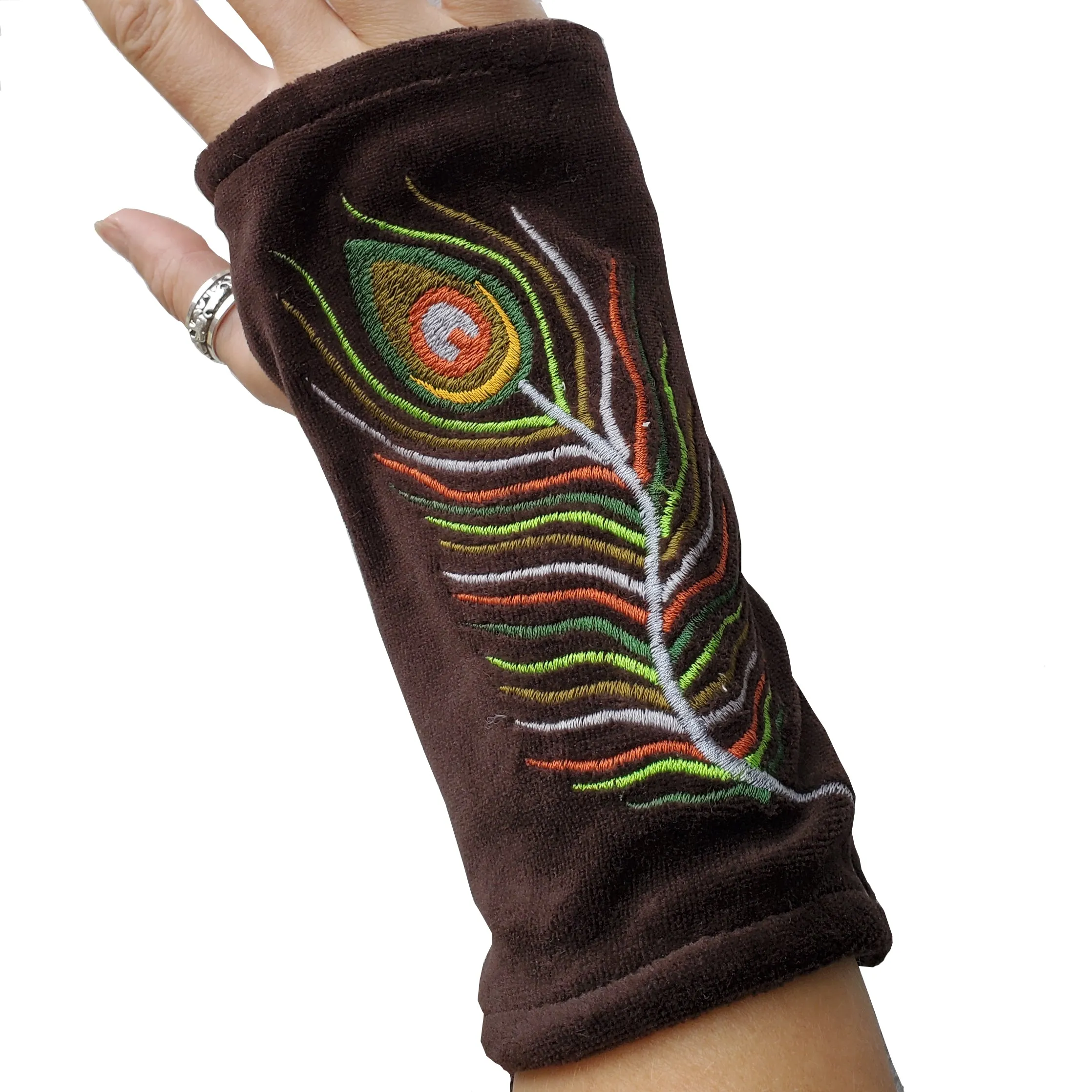 Peacock Feather Embroidered Cotton Velvet Handwarmers