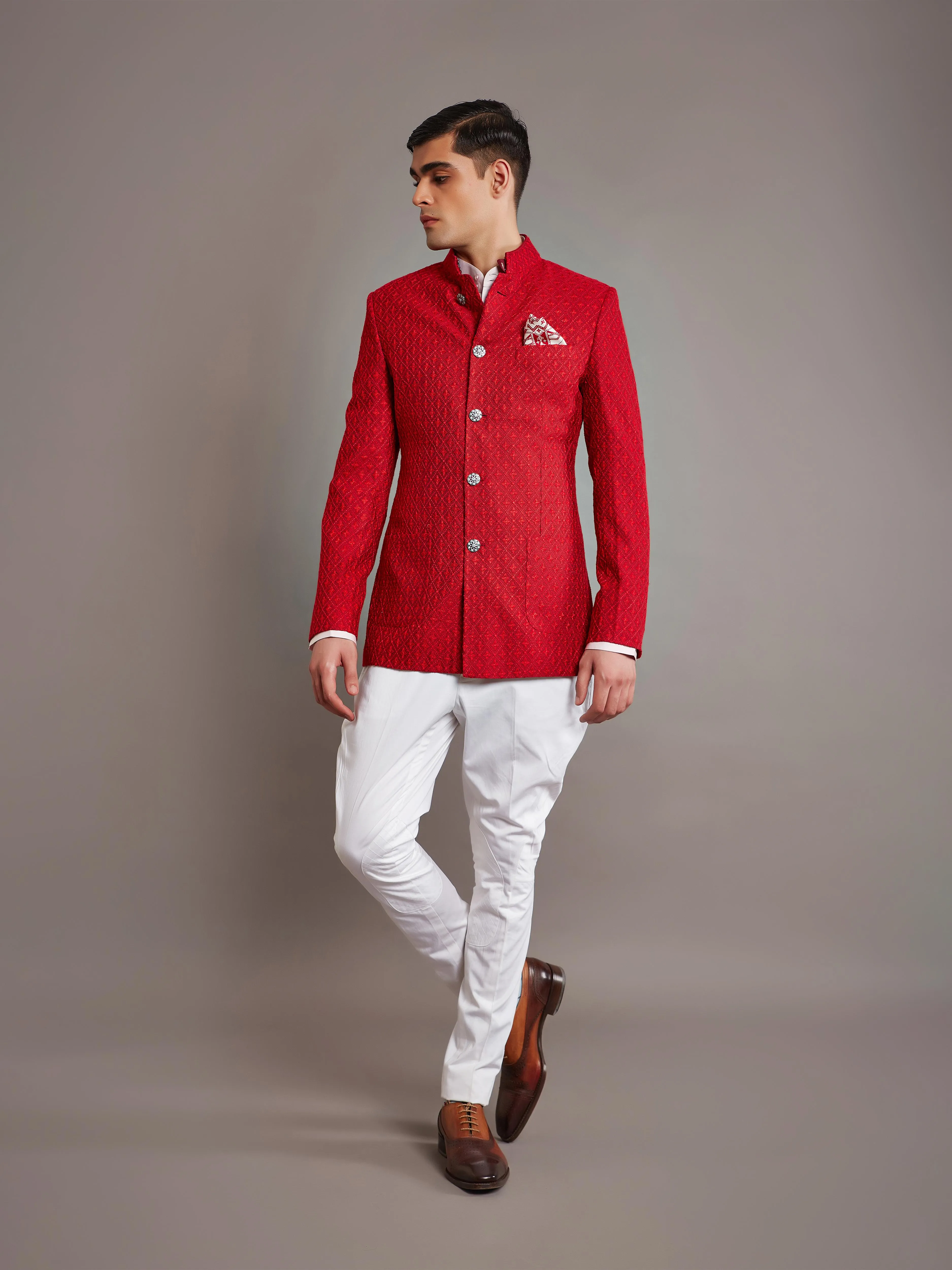 RED SILK BANDHGALA JACKET