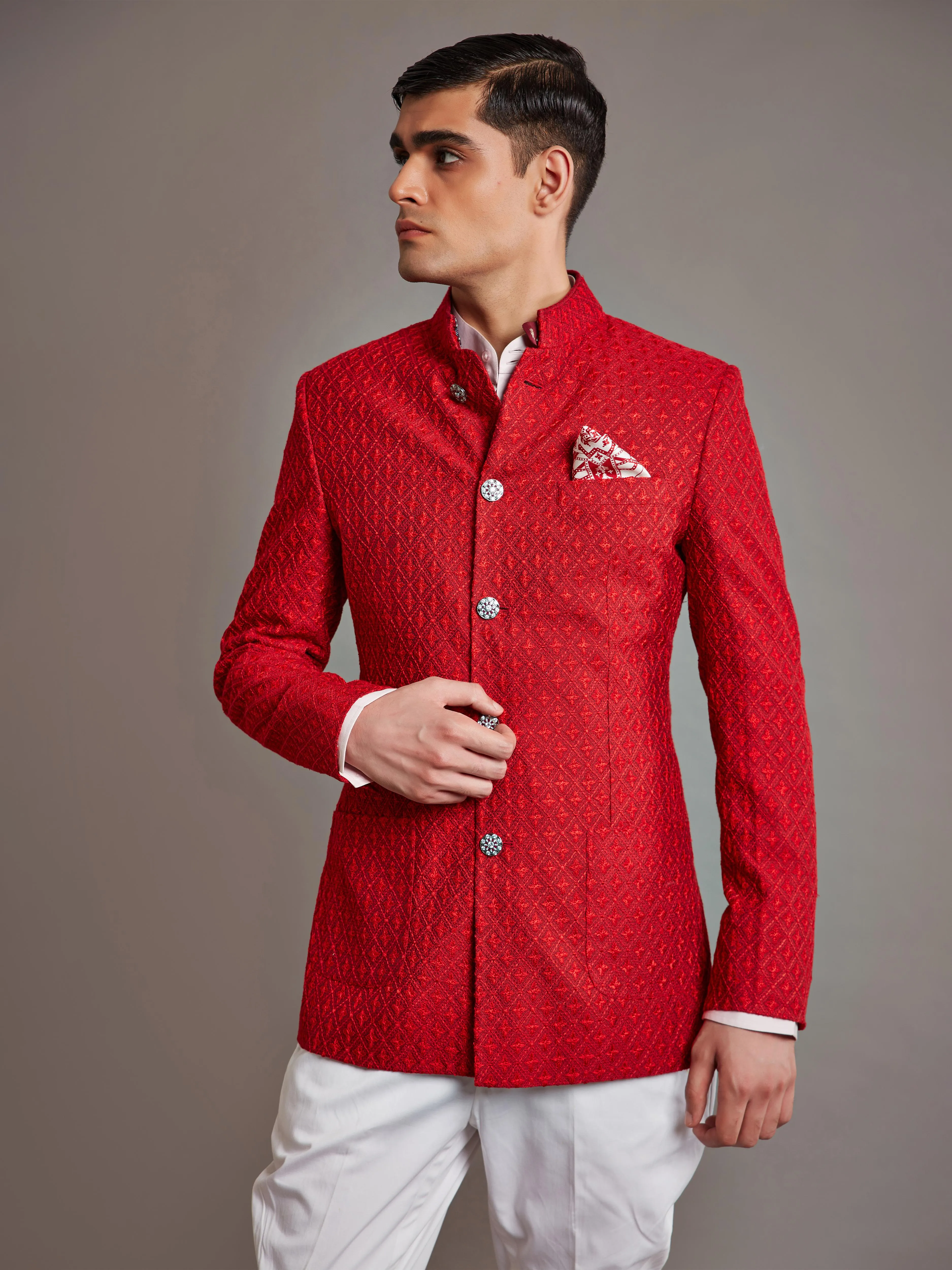 RED SILK BANDHGALA JACKET