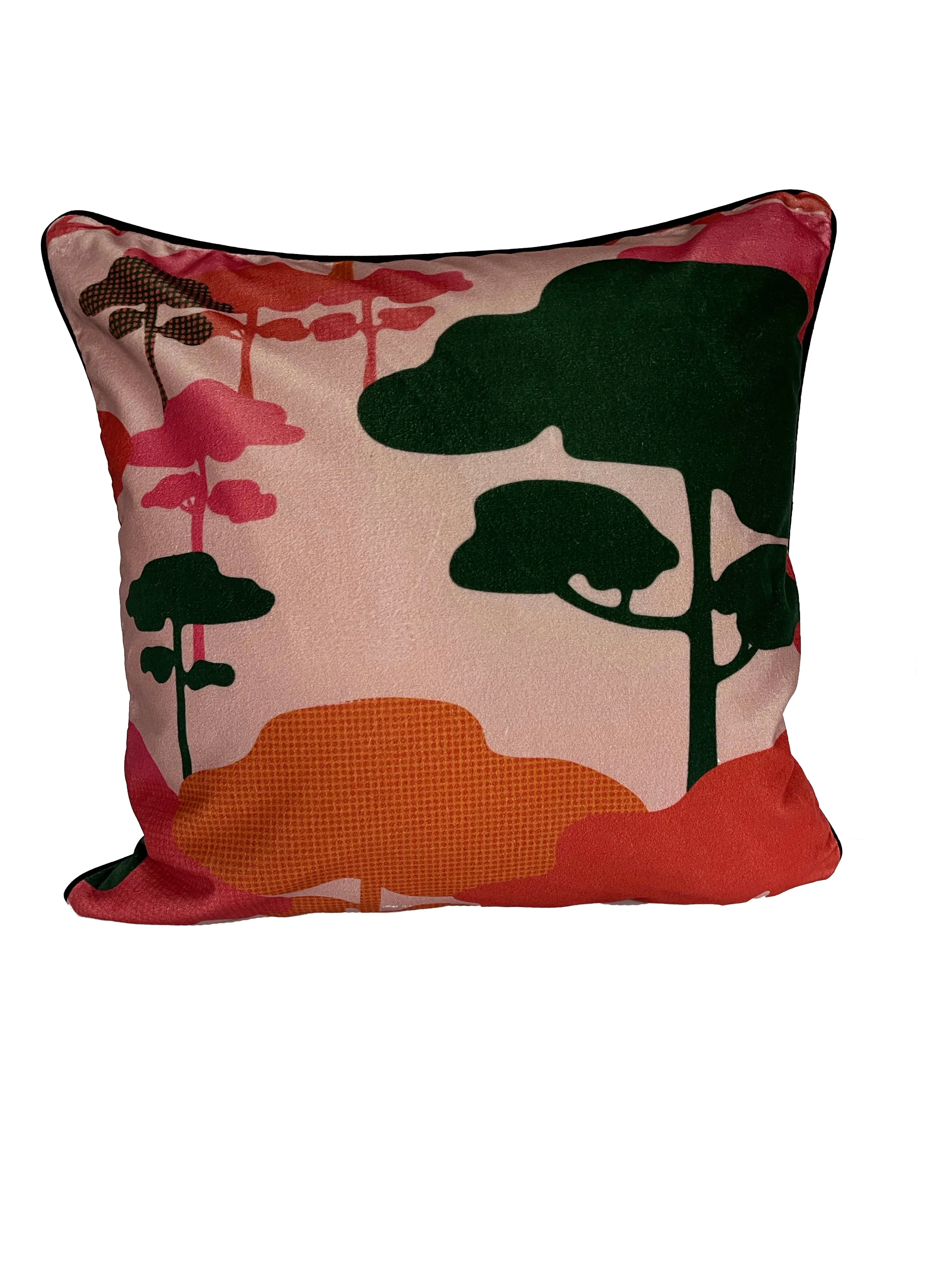 Retro Tree Velvet Cushion - Rose   green