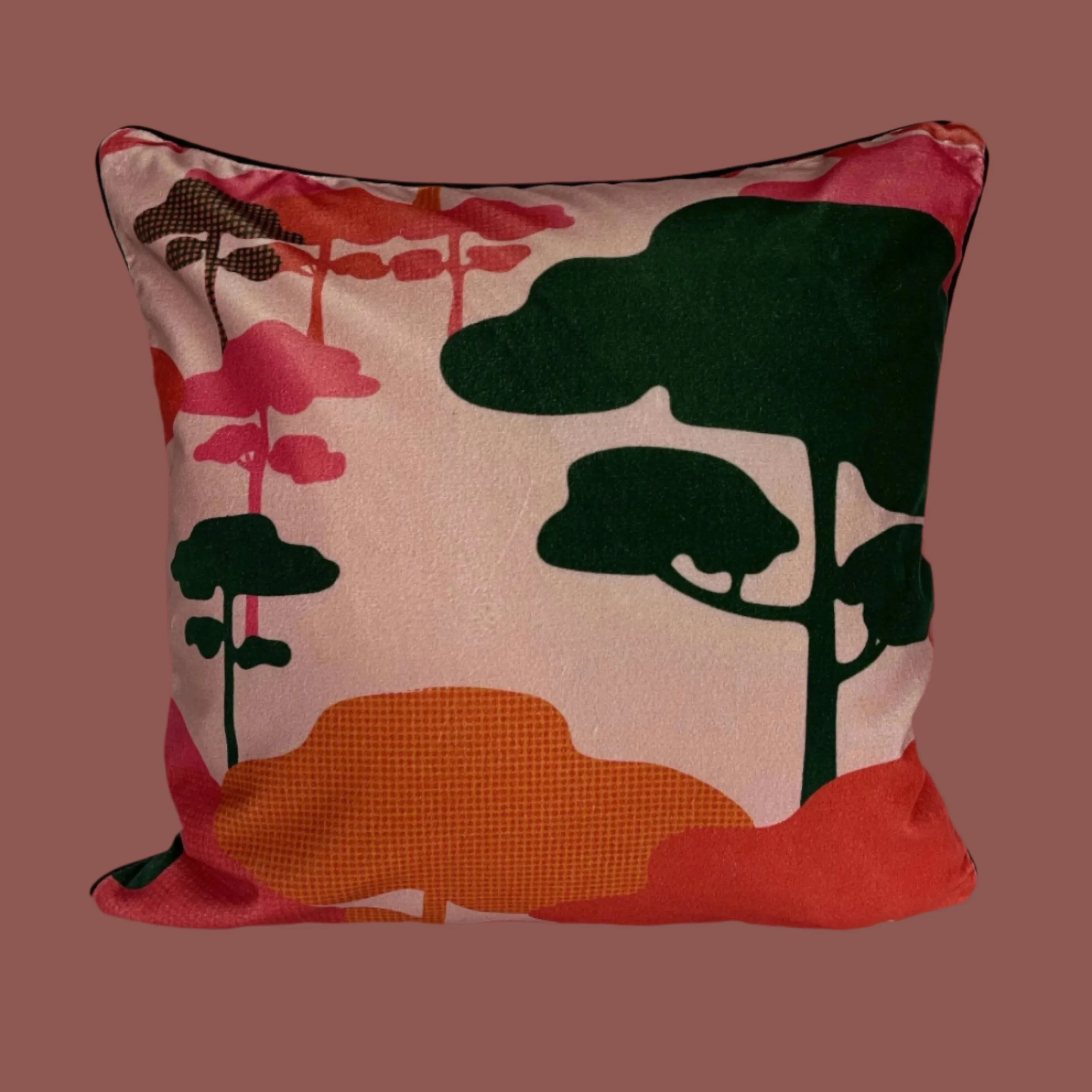 Retro Tree Velvet Cushion - Rose   green