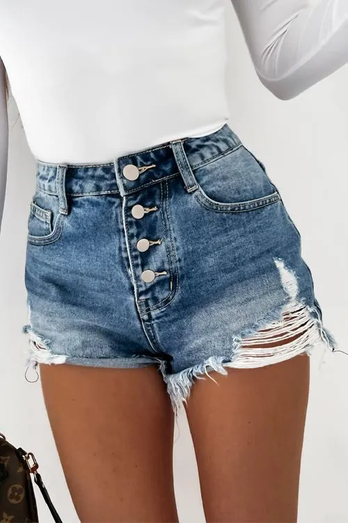 Ripped Button High Waist Denim Shorts