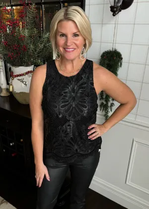 Sleeveless Faux Leather Lace Top