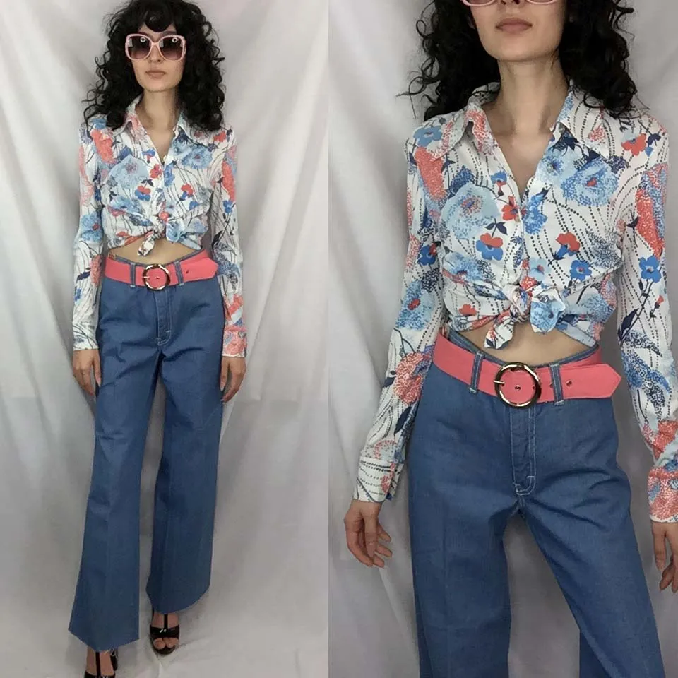 Vintage 60s 70s Bellbottom Jeans Mod High Waisted Boho Hippie Wide Leg 30 x 30