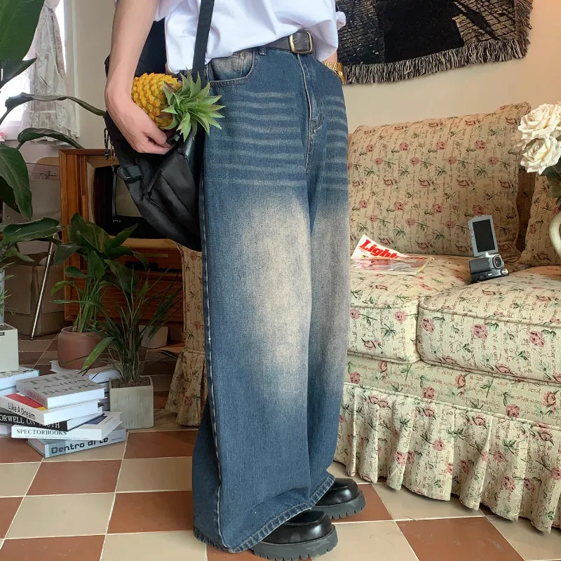 Vintage Washed Distressed Denim Straight Leg Trousers