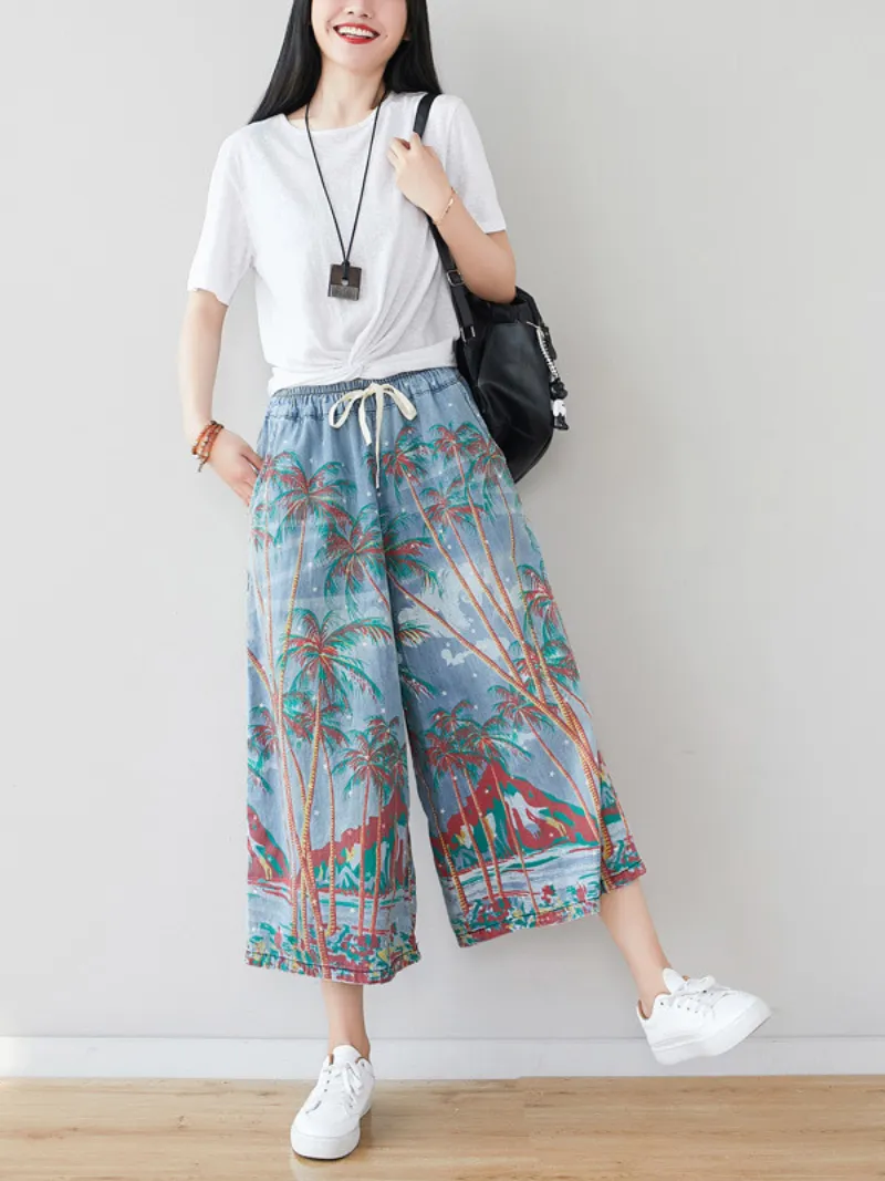 Women's Elastic Waist jeans Wide Leg Printed Pants Bottom