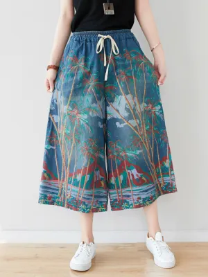 Women's Elastic Waist jeans Wide Leg Printed Pants Bottom